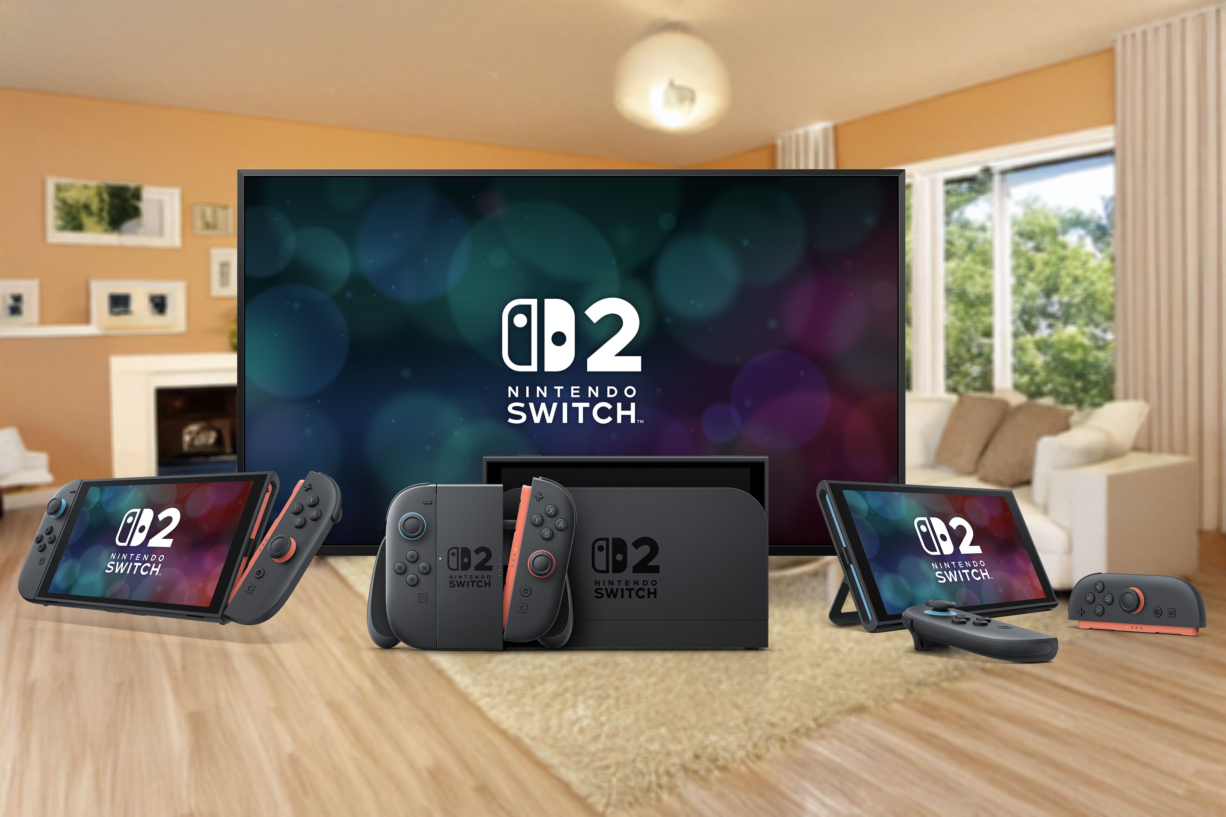 Three Nintendo Switch two units in various configuration modes, including handheld, tabletop, and TV mode
