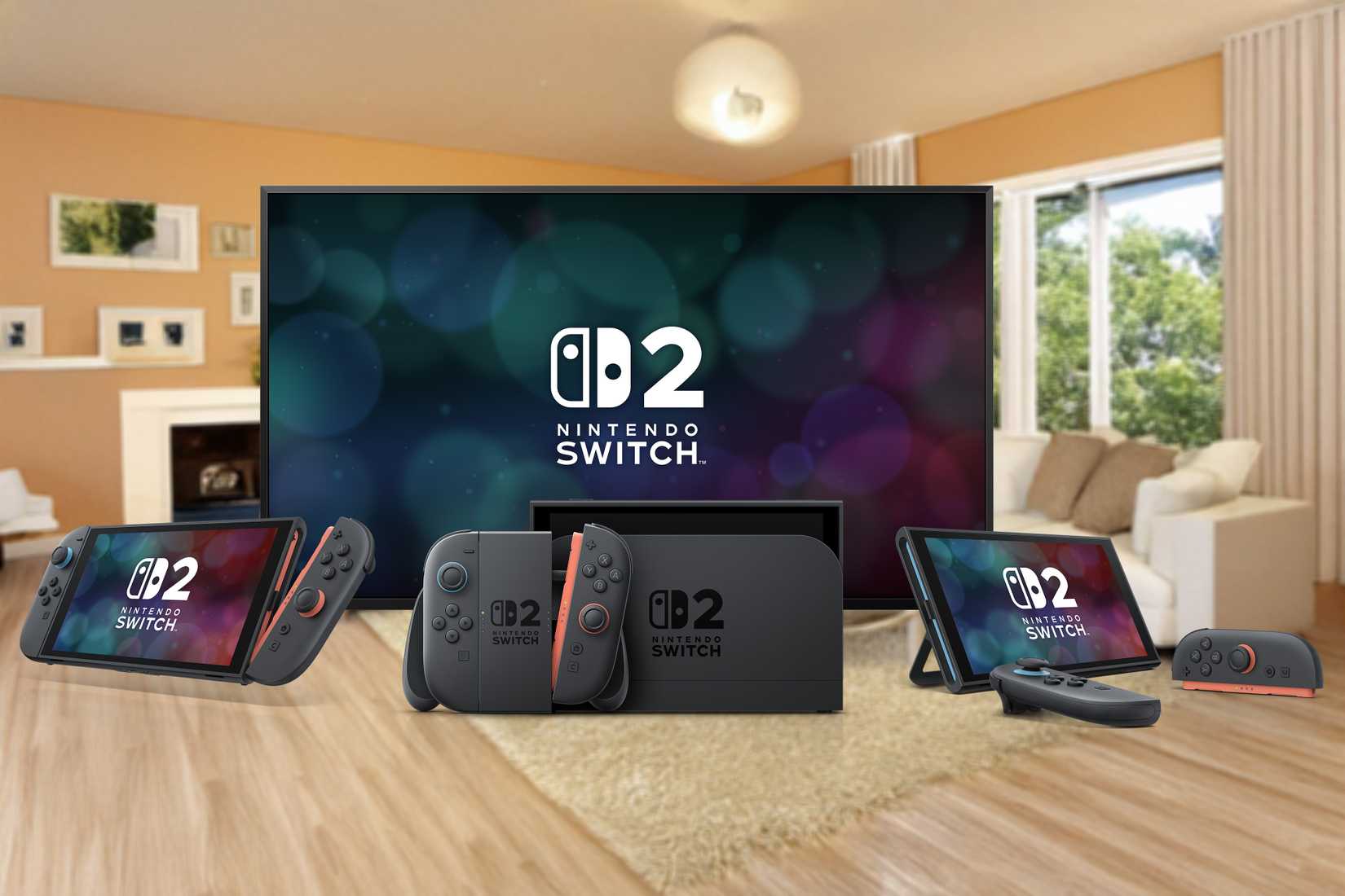 Three Nintendo Switch two units in various configuration modes, including handheld, tabletop, and TV mode