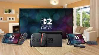 Three Nintendo Switch two units in various configuration modes, including handheld, tabletop, and TV mode