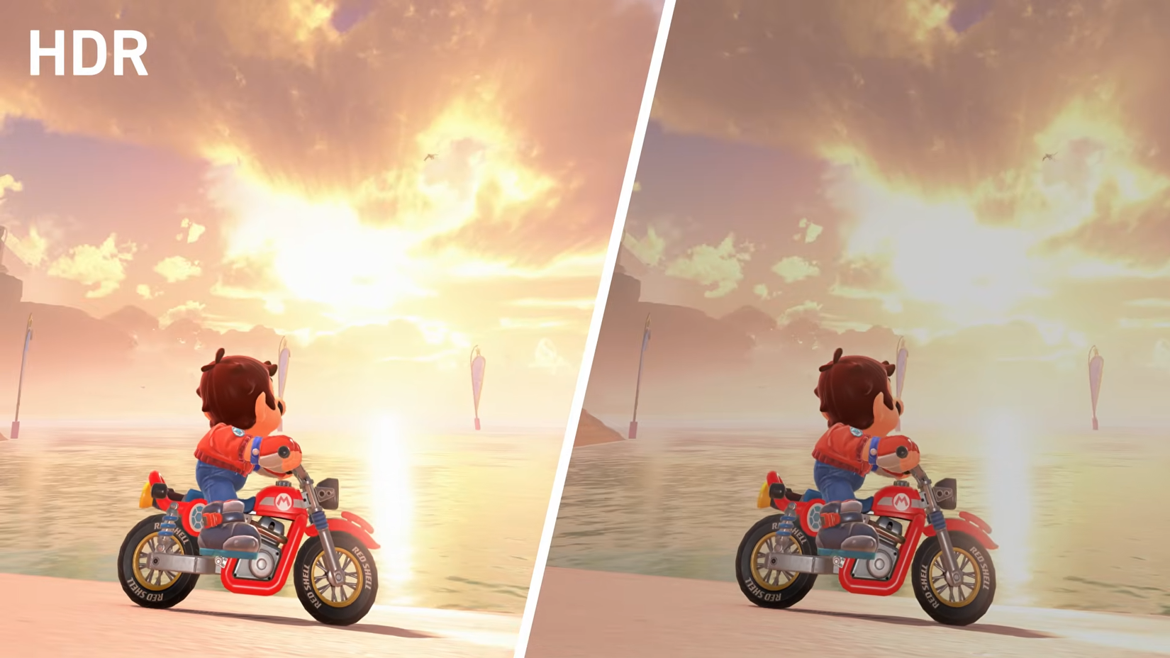 A shot showing Mario Kart World with and without HDR enabled