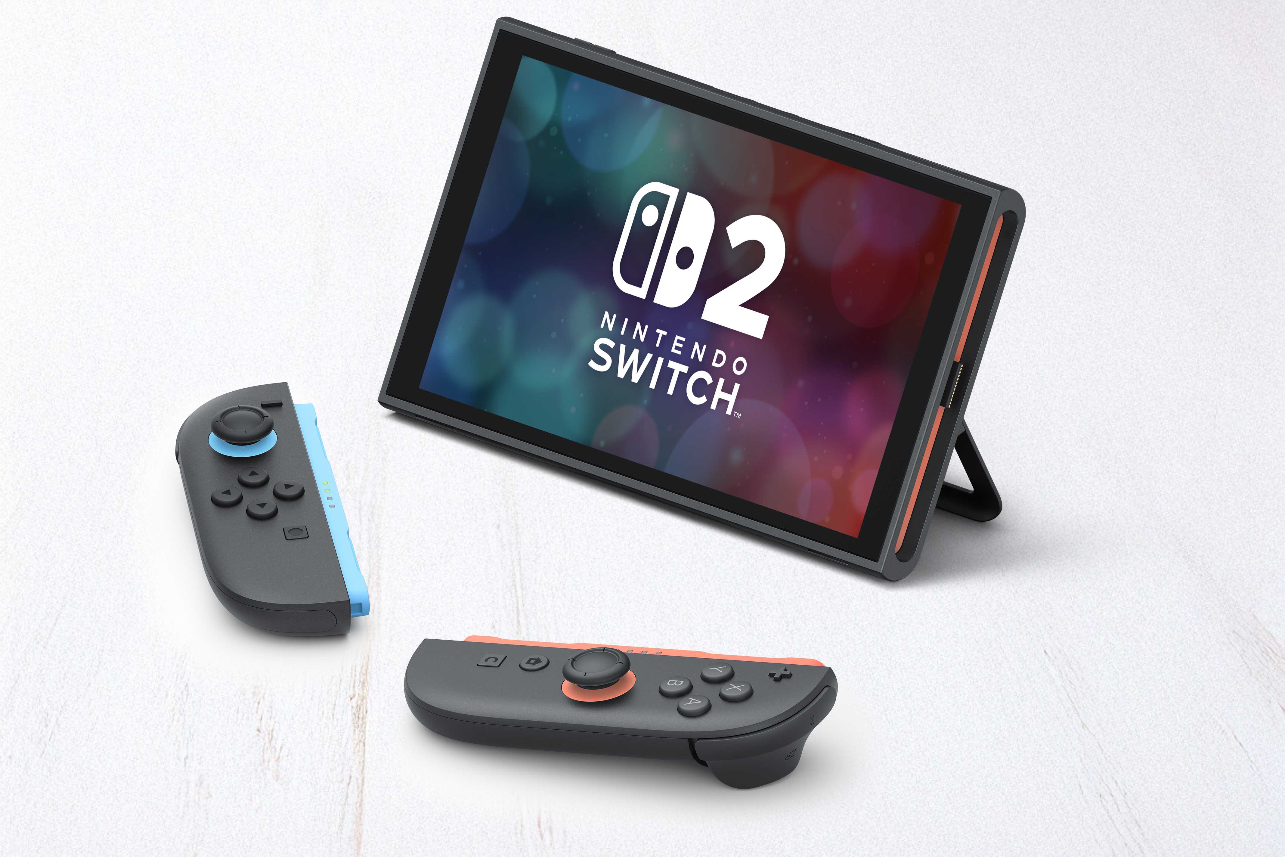 A Nintendo Switch 2 in tabletop mode with both Joy-Con 2 units detached