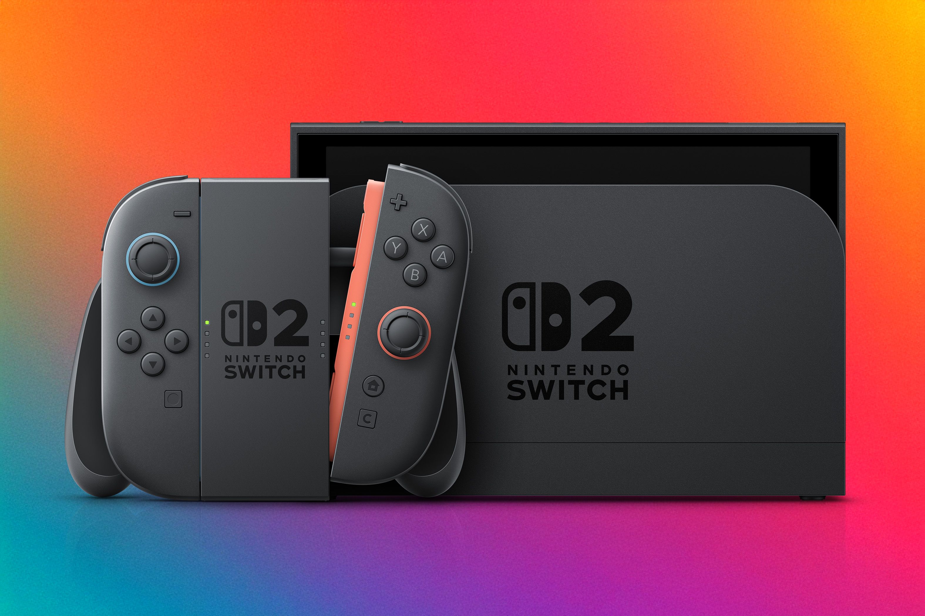 A Nintendo Switch 2 console in its dock with a pair of Joy-Con 2 inserted into the Joy-Con 2 grip