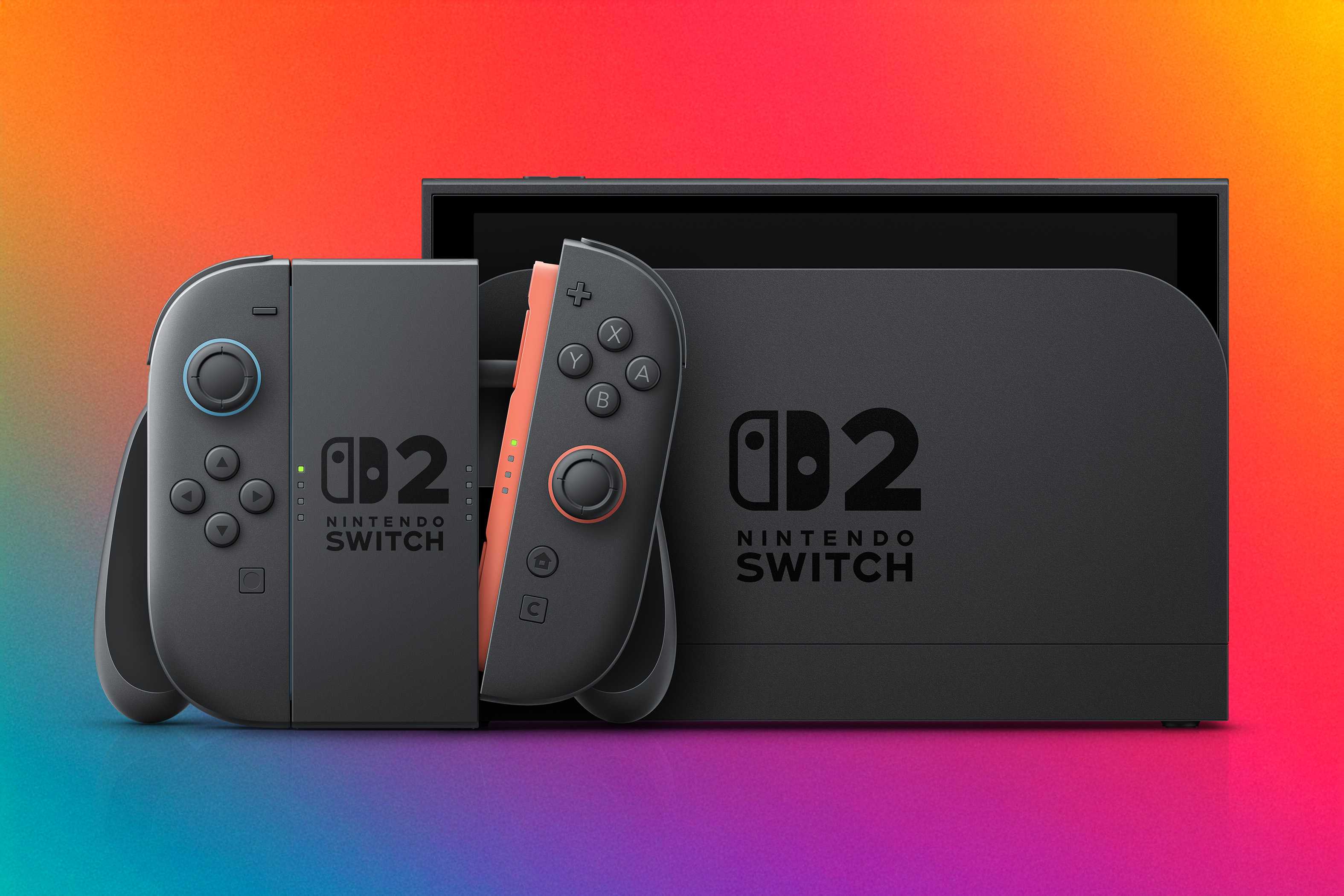 A Nintendo Switch 2 console in its dock with a pair of Joy-Con 2 inserted into the Joy-Con 2 grip
