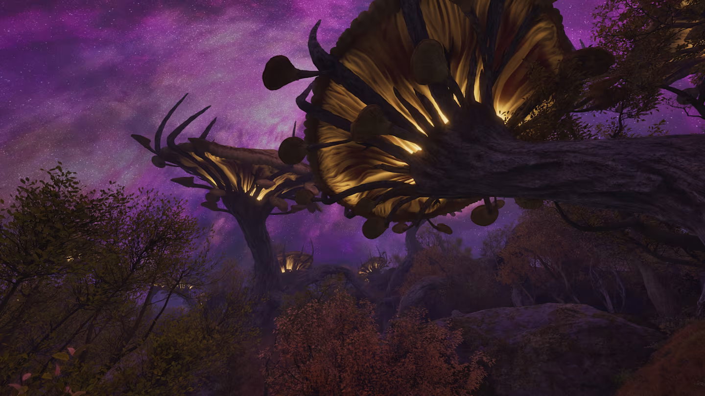 Large fungal trunks reaching towards a purple sky.