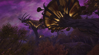Large fungal trunks reaching towards a purple sky.