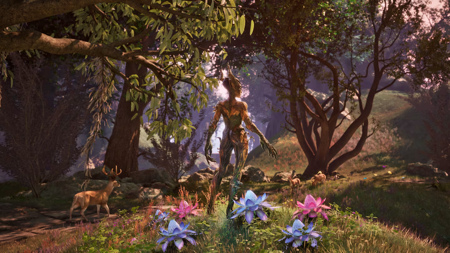 A dryad stood amidst blue and pink flowers.