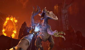 A spellcaster fighting a demon dinosaur.