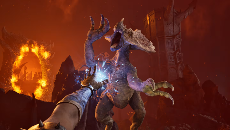 A spellcaster fighting a demon dinosaur.