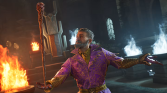 Wizard holding a staff by fire and ice.