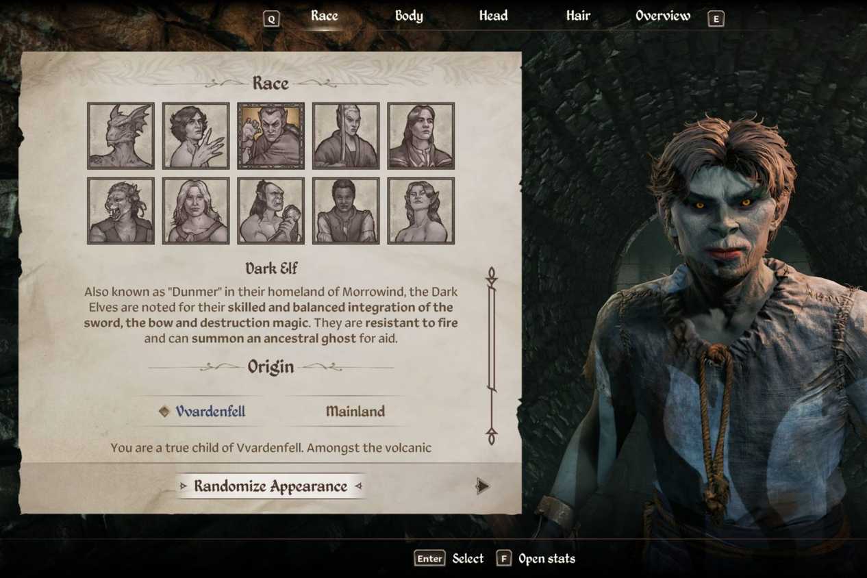 Oblivion Remastered Dark Elf creation