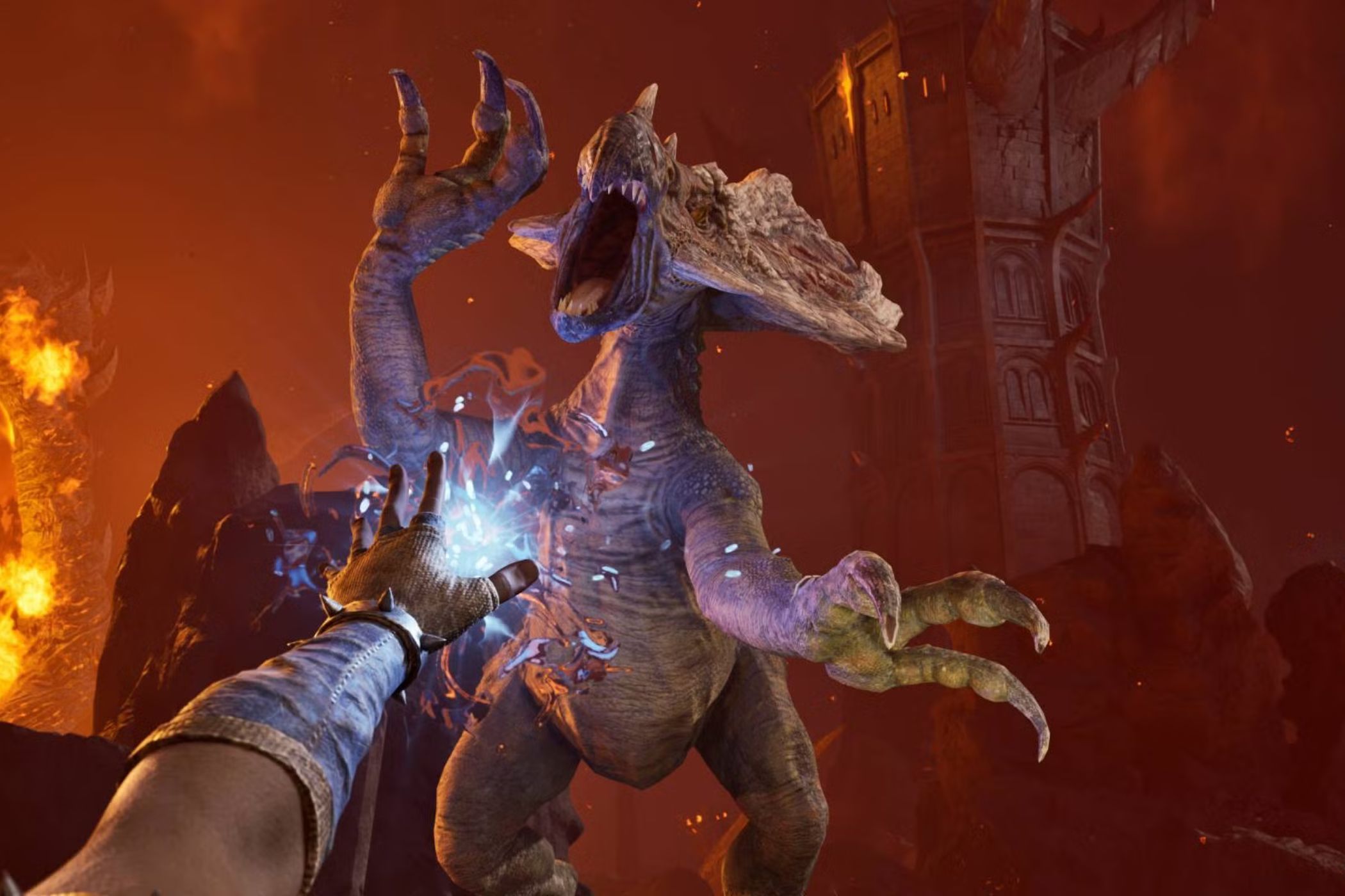 Oblivion Remastered player shooting dino with magic
