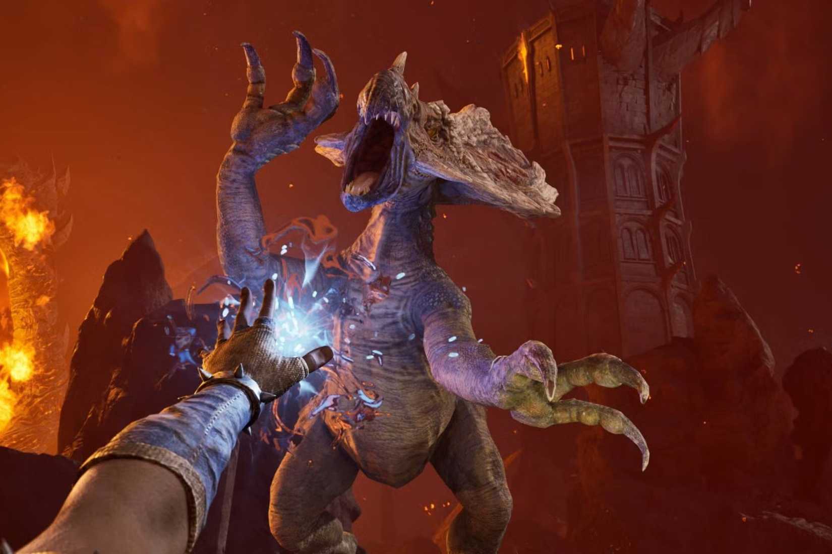 Oblivion Remastered player shooting dino with magic