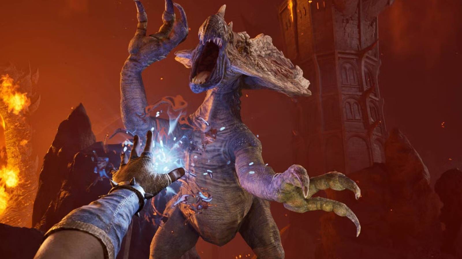 Oblivion Remastered player shooting dino with magic
