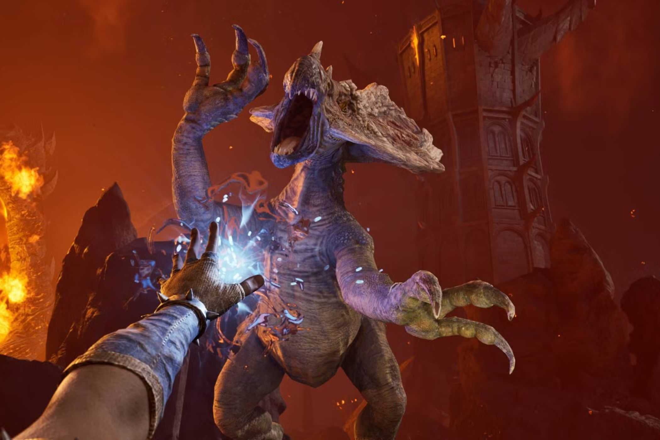 Oblivion Remastered player shooting dino with magic