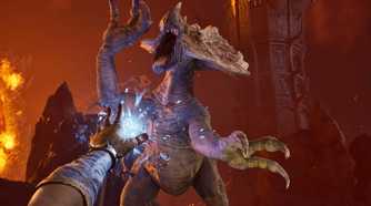Oblivion Remastered player shooting dino with magic