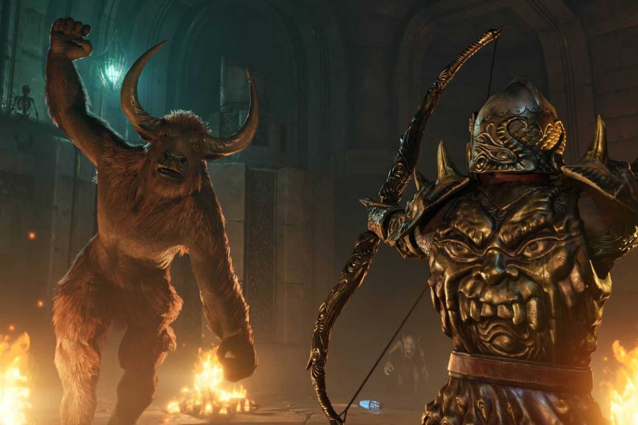 Oblivion Remastered player shooting minotaur with bow