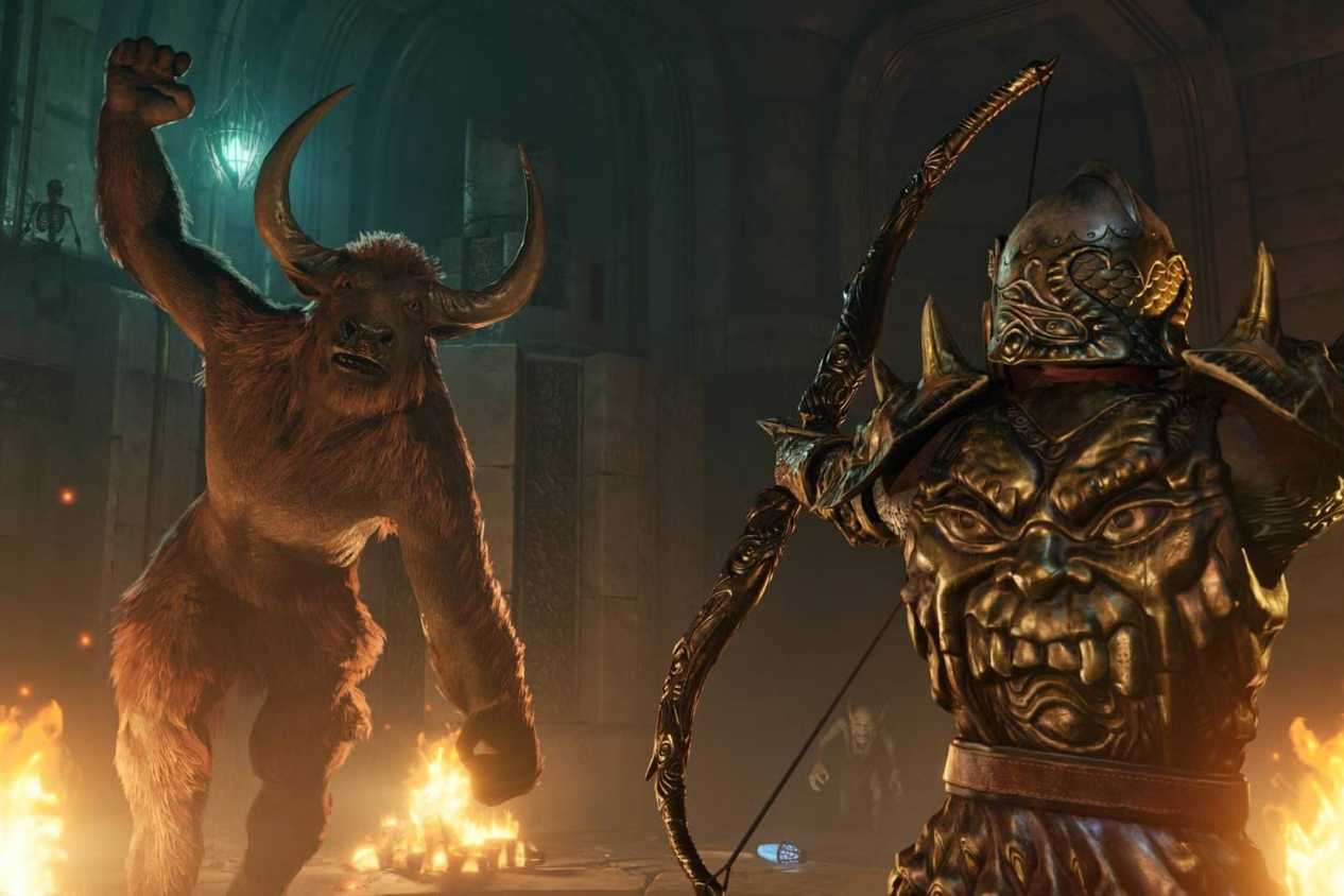 Oblivion Remastered player shooting minotaur with bow