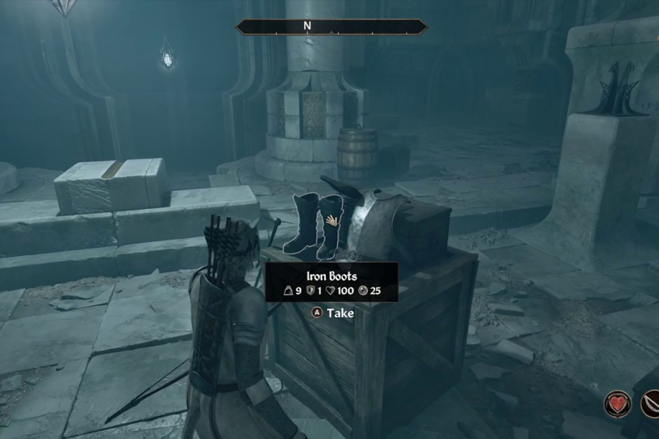 Oblivion Remastered Player collecting iron boots in dungeon