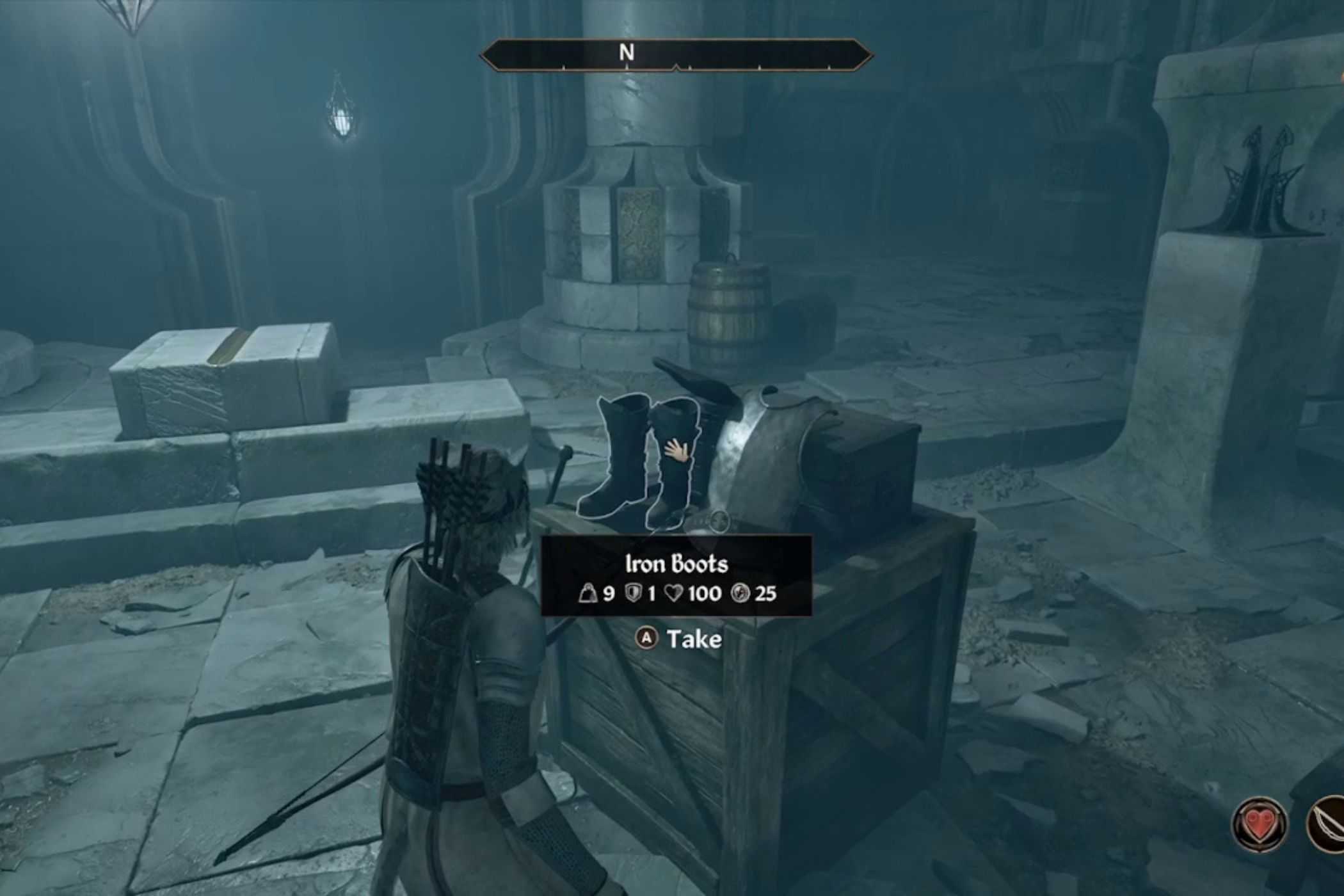 Oblivion Remastered Player collecting iron boots in dungeon