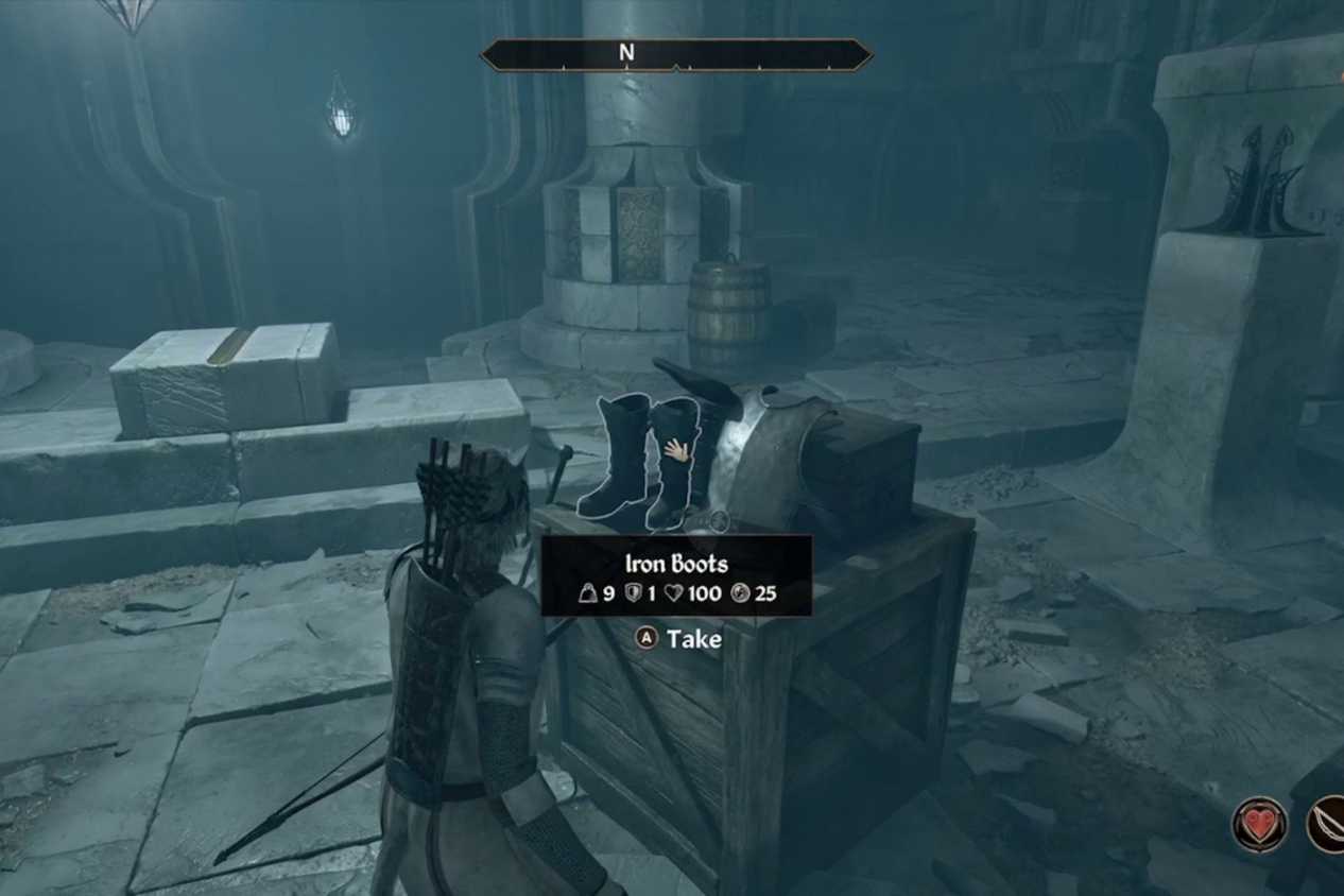 Oblivion Remastered Player collecting iron boots in dungeon