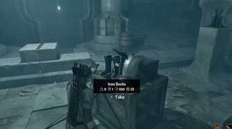 Oblivion Remastered Player collecting iron boots in dungeon