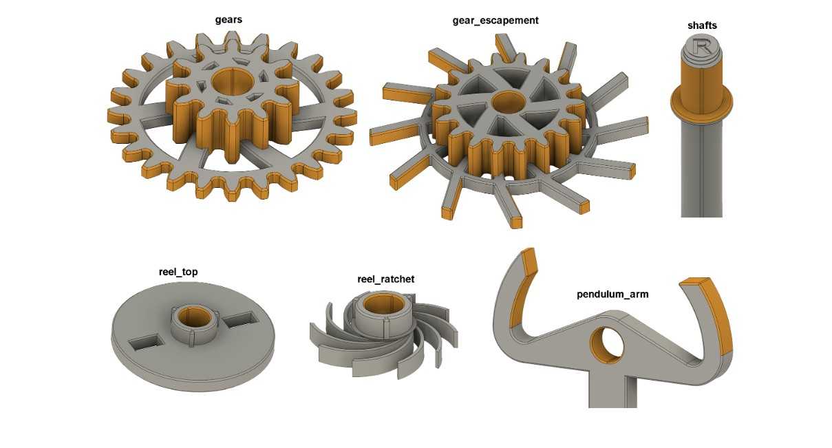 The various parts of the mechanical wall clock