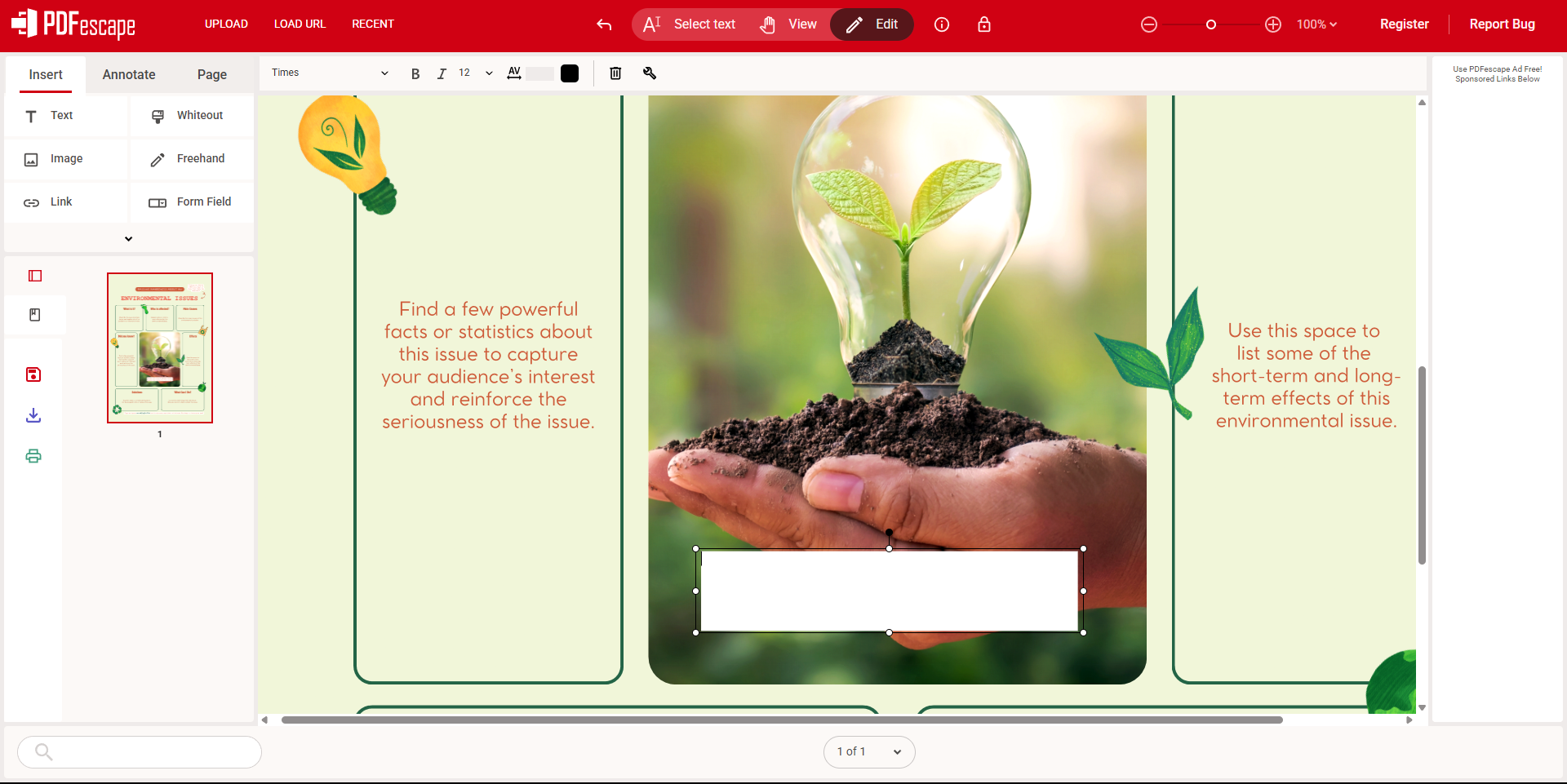 PDFescape online adding text box