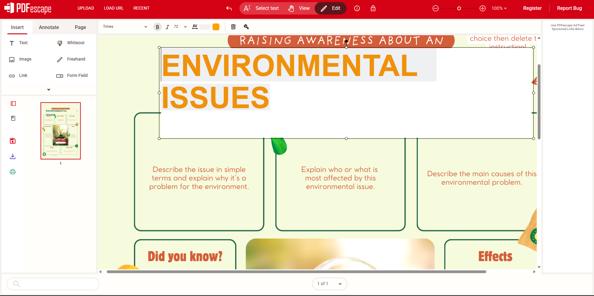 PDFescape online editing text