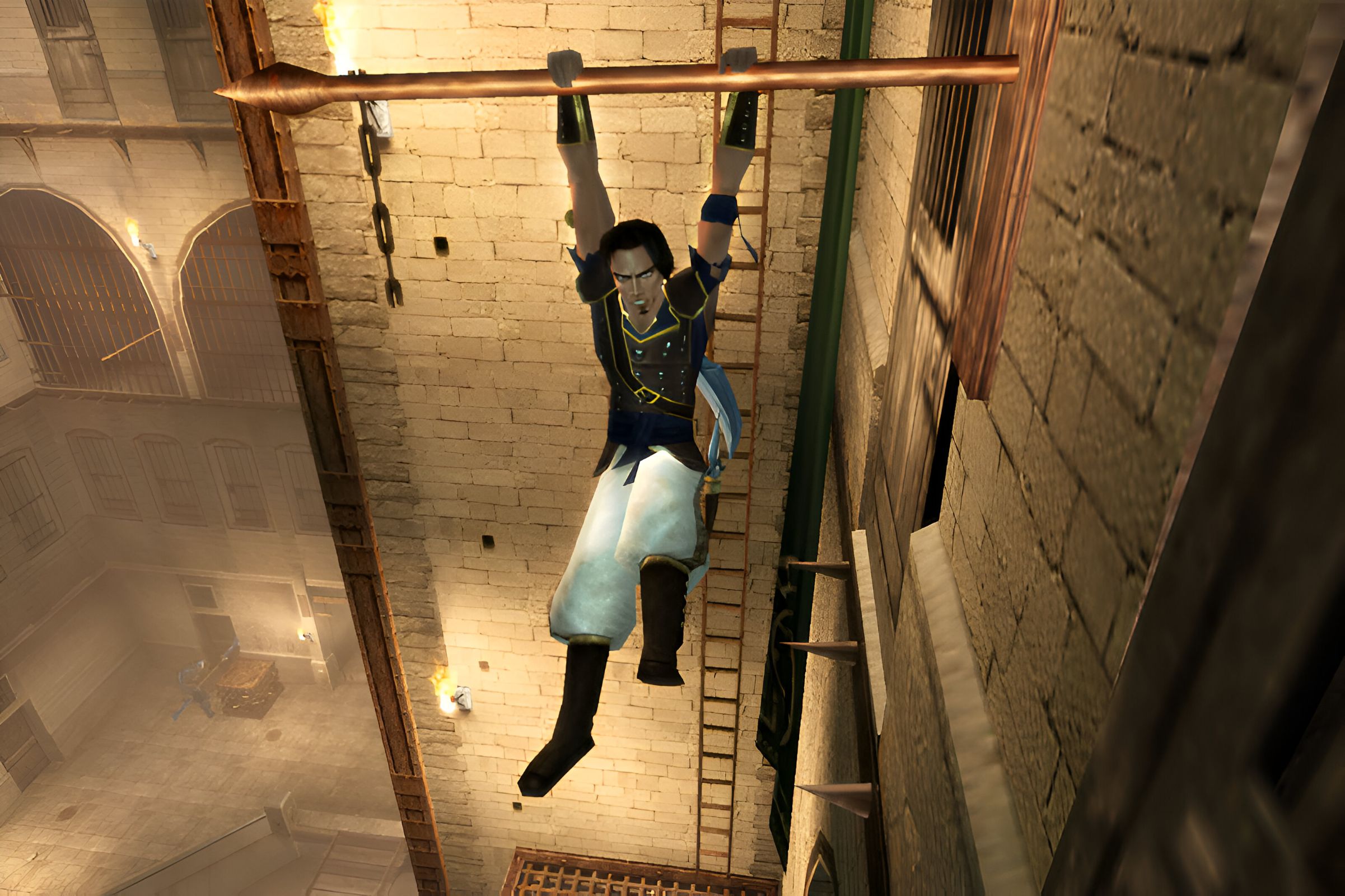 A screenshot from the game "Prince of Persia: The Sands of Time", showing the prince hanging from a pole.
