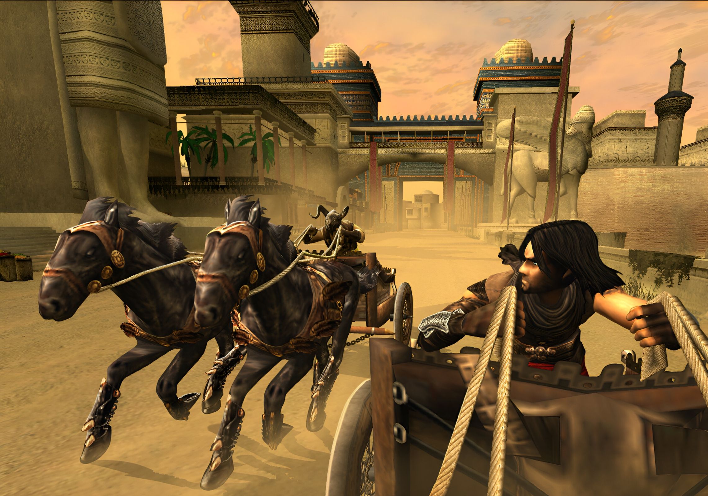 A screenshot from the game "Prince of Persia: The Two Thrones", showing the prince riding a chariot while an enemy gives chase.
