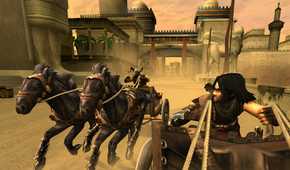 A screenshot from the game "Prince of Persia: The Two Thrones", showing the prince riding a chariot while an enemy gives chase.
