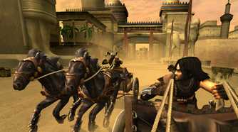A screenshot from the game "Prince of Persia: The Two Thrones", showing the prince riding a chariot while an enemy gives chase.