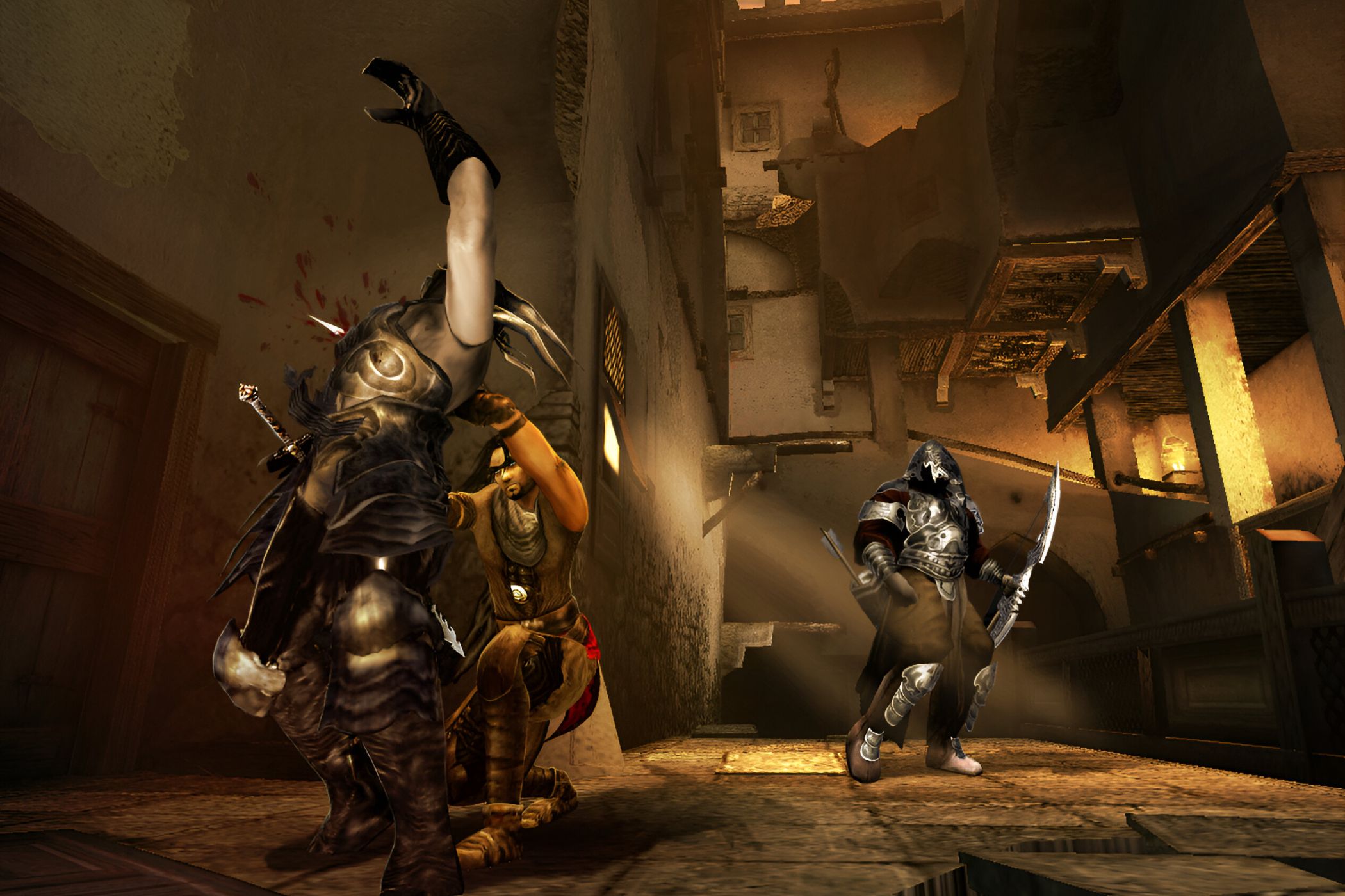 A screenshot from the game "Prince of Persia: The Two Thrones", showing the prince stealthily killing an enemy.