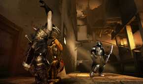 A screenshot from the game "Prince of Persia: The Two Thrones", showing the prince stealthily killing an enemy.