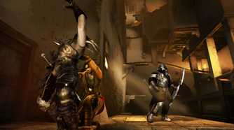 A screenshot from the game "Prince of Persia: The Two Thrones", showing the prince stealthily killing an enemy.