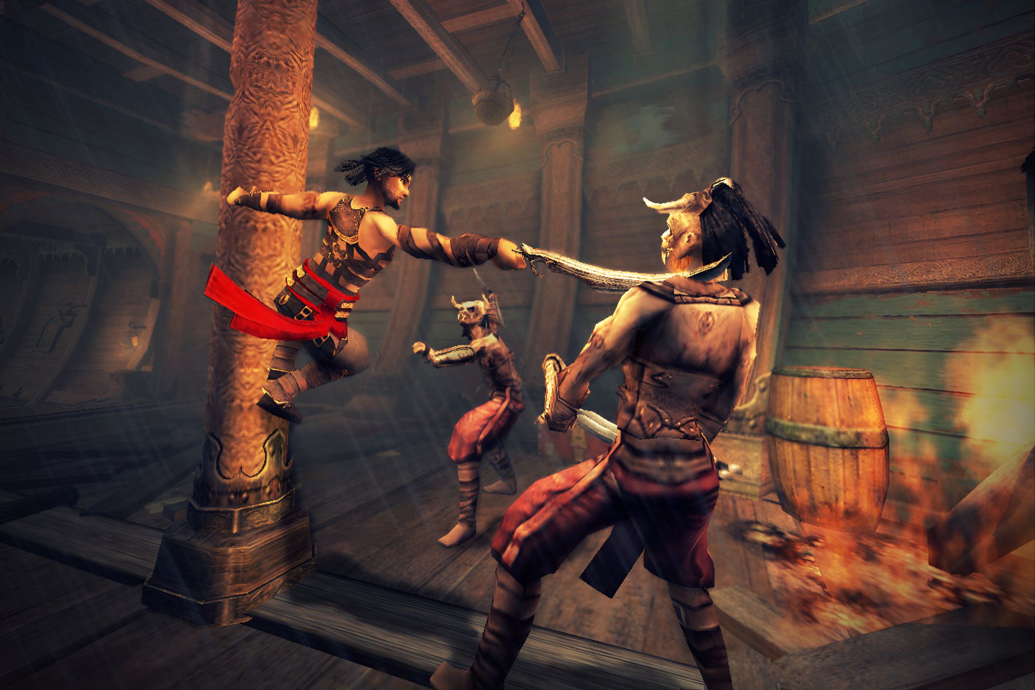 A screenshot from the game "Prince of Persia: Warrior Within", showing the prince wielding a sword towards an enemy's neck while hanging from a pillar.