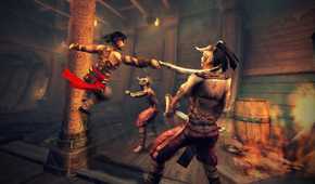 A screenshot from the game "Prince of Persia: Warrior Within", showing the prince wielding a sword towards an enemy's neck while hanging from a pillar.