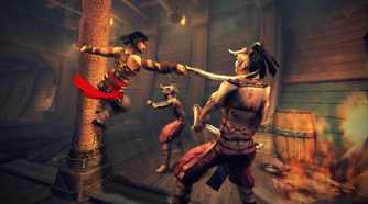 A screenshot from the game "Prince of Persia: Warrior Within", showing the prince wielding a sword towards an enemy's neck while hanging from a pillar.