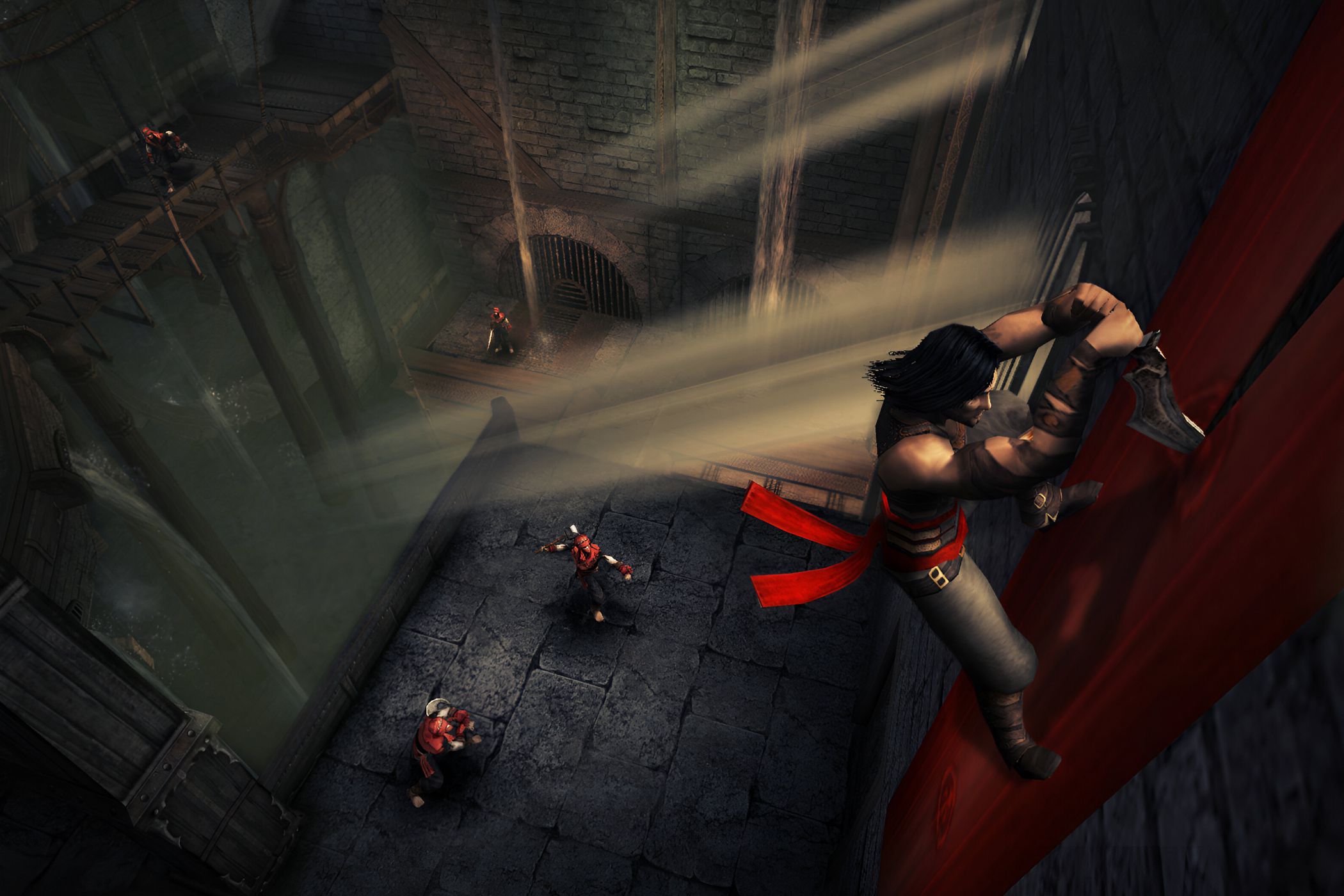 A screenshot from the game "Prince of Persia: Warrior Within", showing the prince sliding down a curtain as he cuts it with his sword.