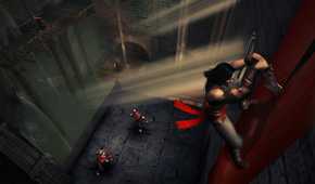 A screenshot from the game "Prince of Persia: Warrior Within", showing the prince sliding down a curtain as he cuts it with his sword.