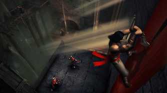 A screenshot from the game "Prince of Persia: Warrior Within", showing the prince sliding down a curtain as he cuts it with his sword.