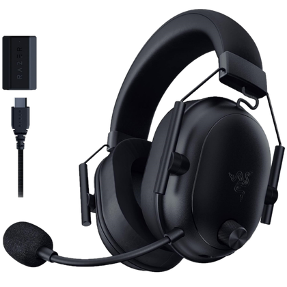A black wireless gaming headphones with a dongle