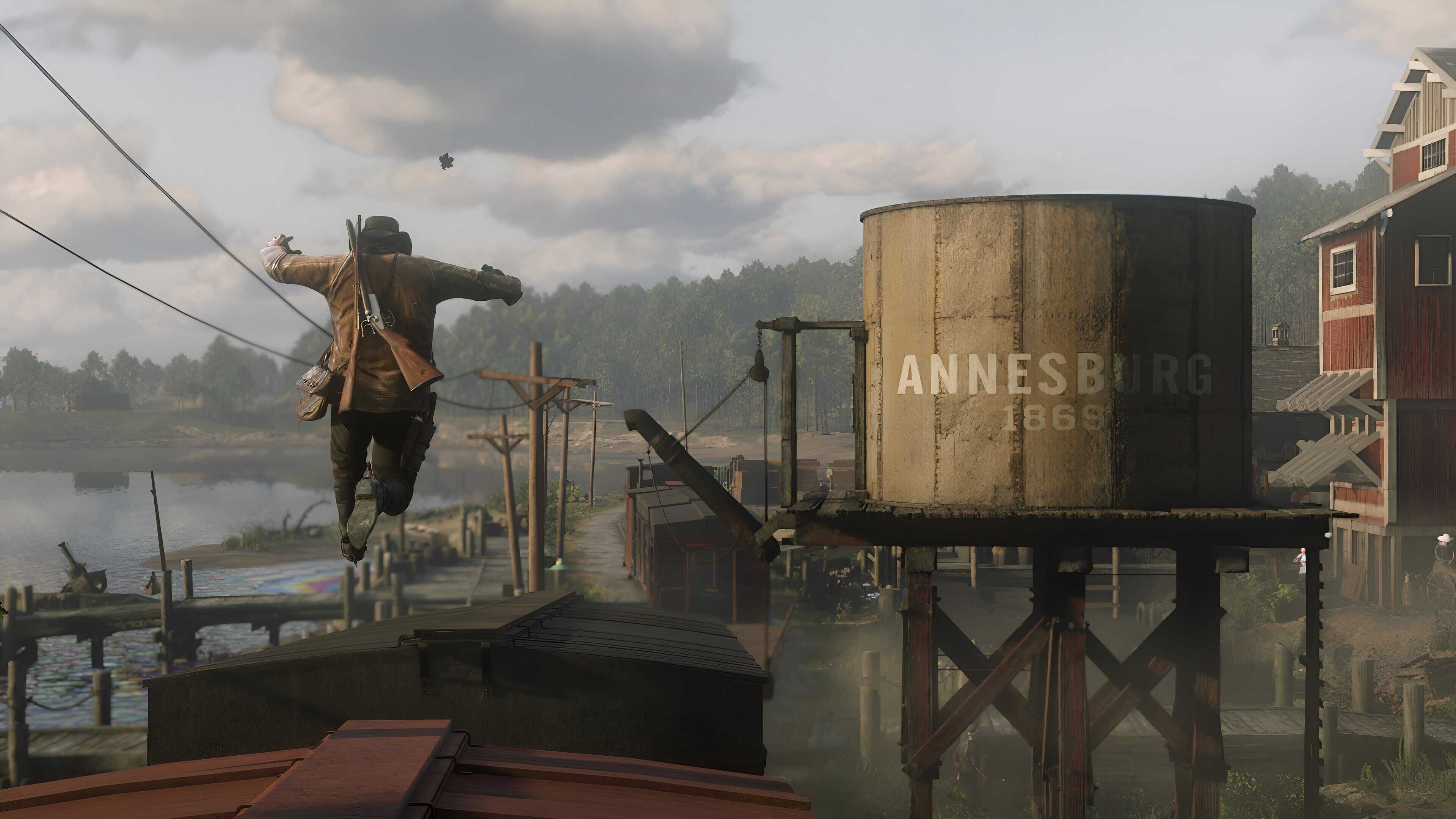 An image of Arthur Morgan jumping on a moving train.