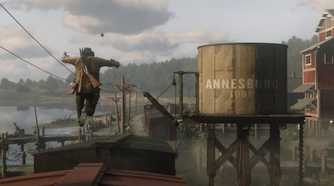 An image of Arthur Morgan jumping on a moving train.