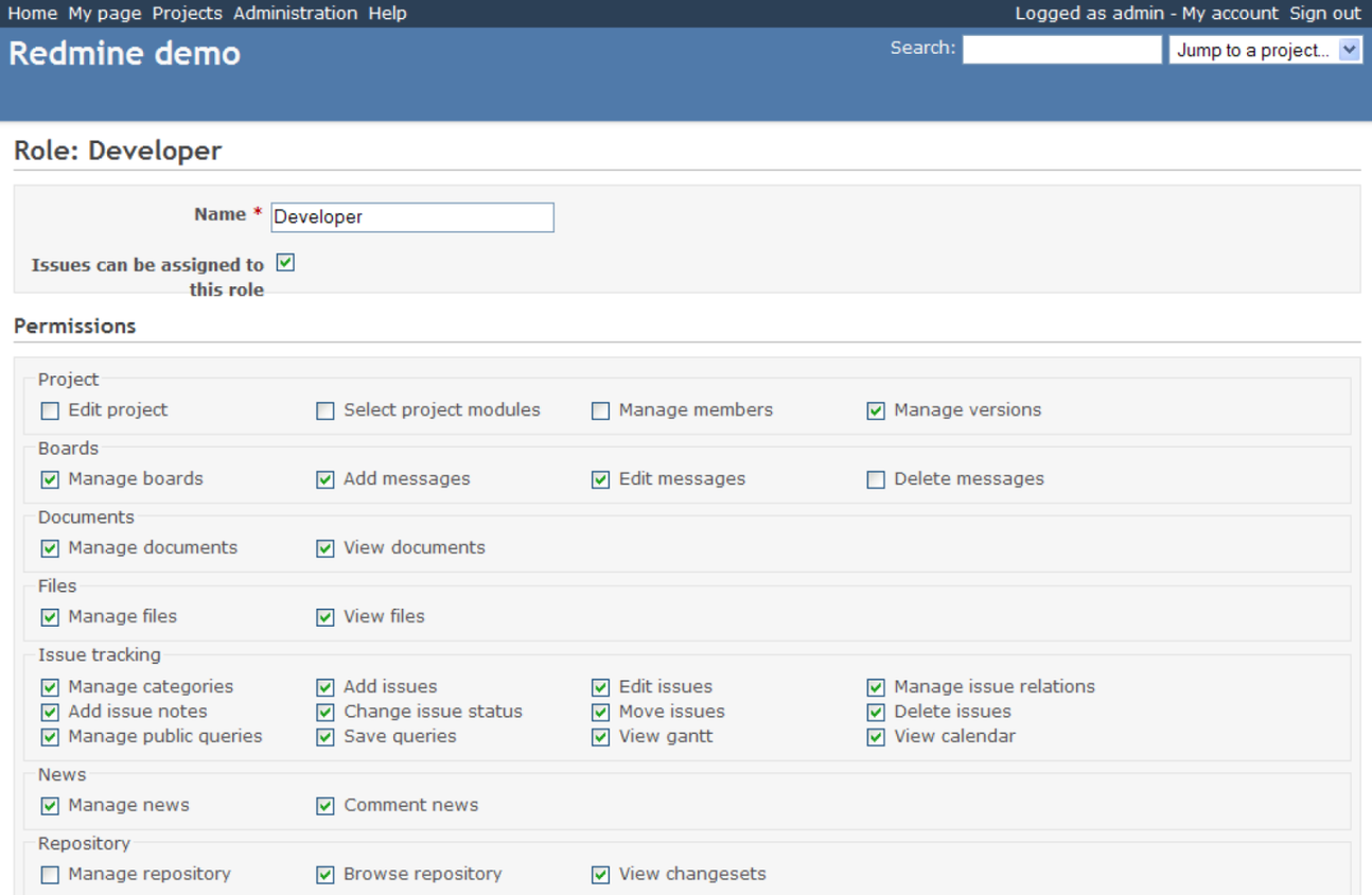 screenshot of redmine project management software