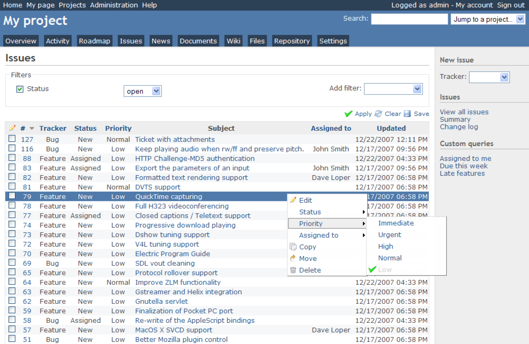 screenshot of redmine project management software