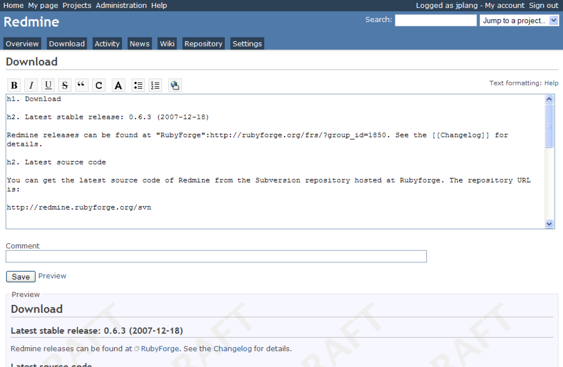 screenshot of redmine project management software