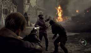 An image from the game Resident Evil 4 (2023), showing Leon Kennedy aiming a pistol at multiple hostile enemies.
