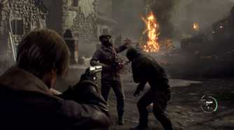 An image from the game Resident Evil 4 (2023), showing Leon Kennedy aiming a pistol at multiple hostile enemies.