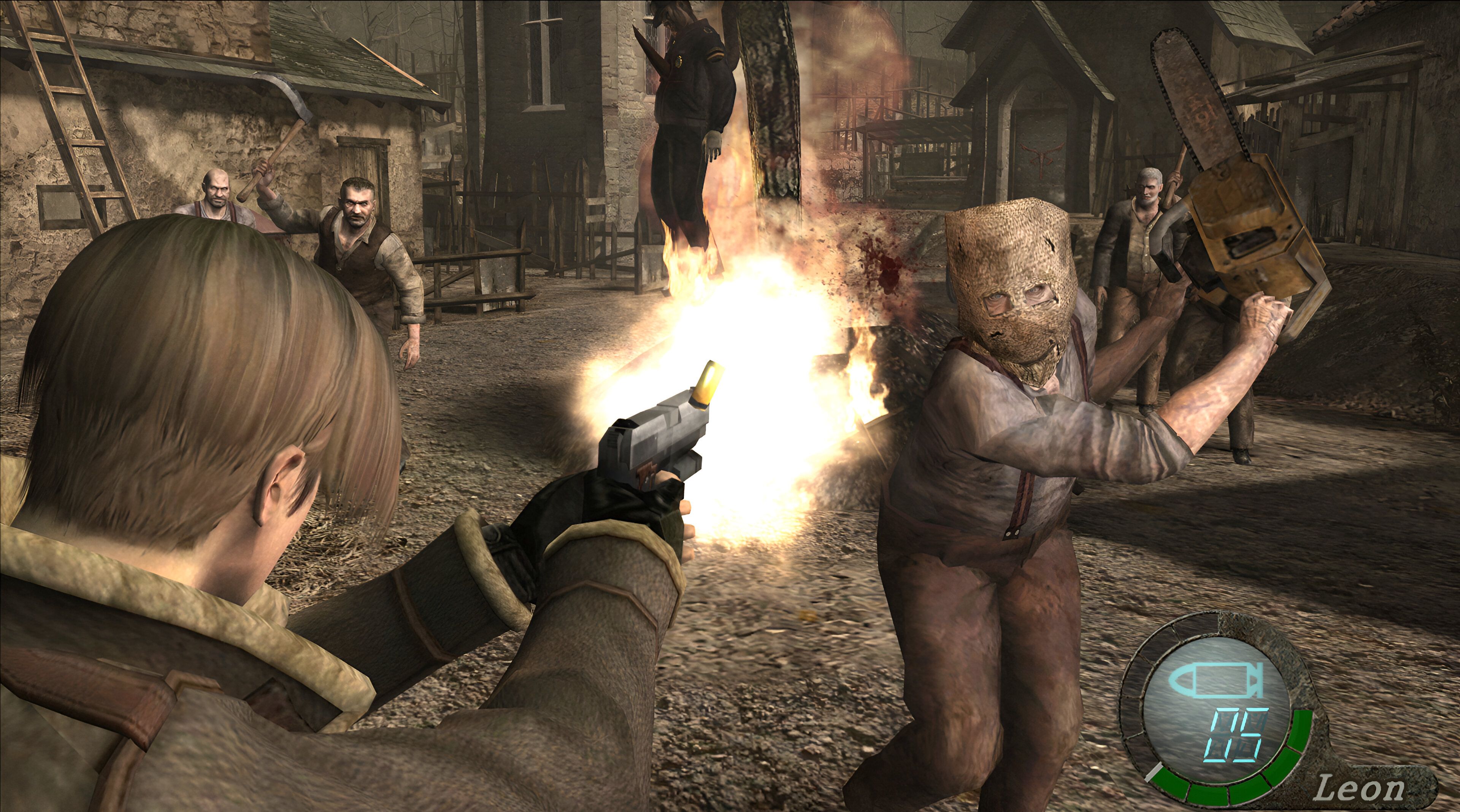An image from the game Resident Evil 4 (2005), showing Leon Kennedy shooting a man charging at him with a chainsaw.